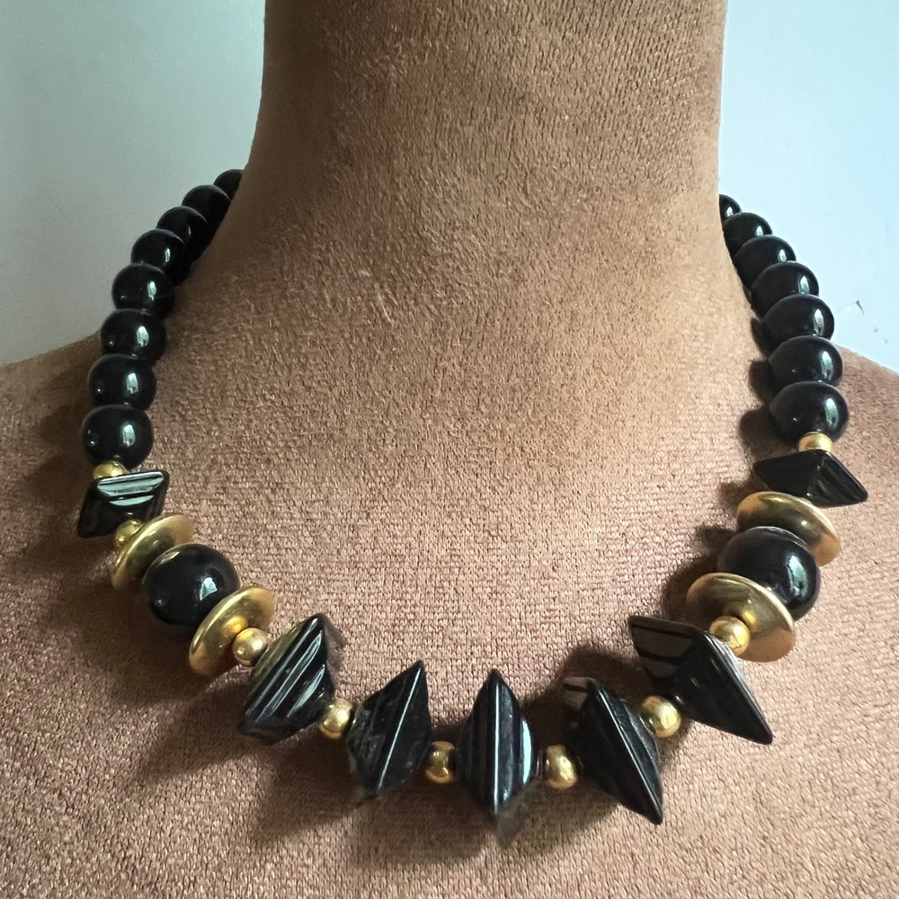 Vtg Chunky Black Geometric Beaded Statement Necklace Gold Tone 18" Dark Academia